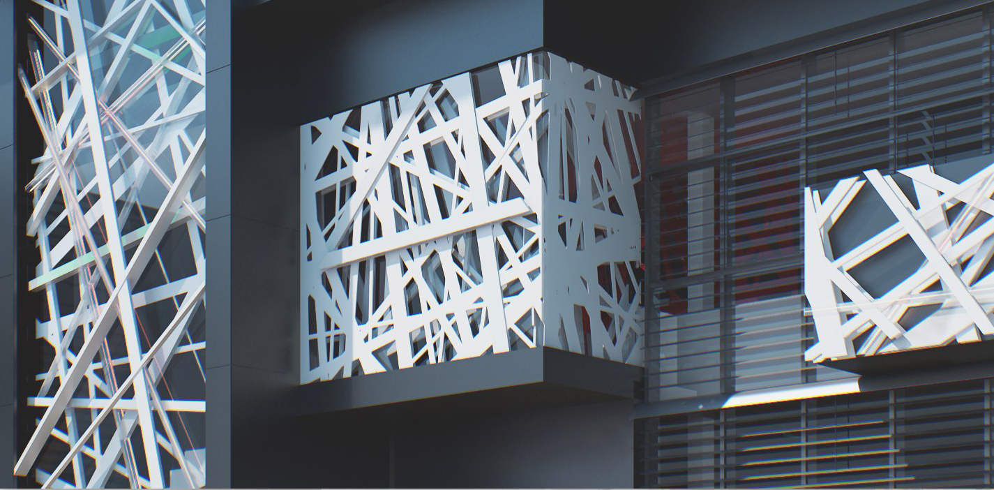 Fauchon candy shop facade render with decorative white structures