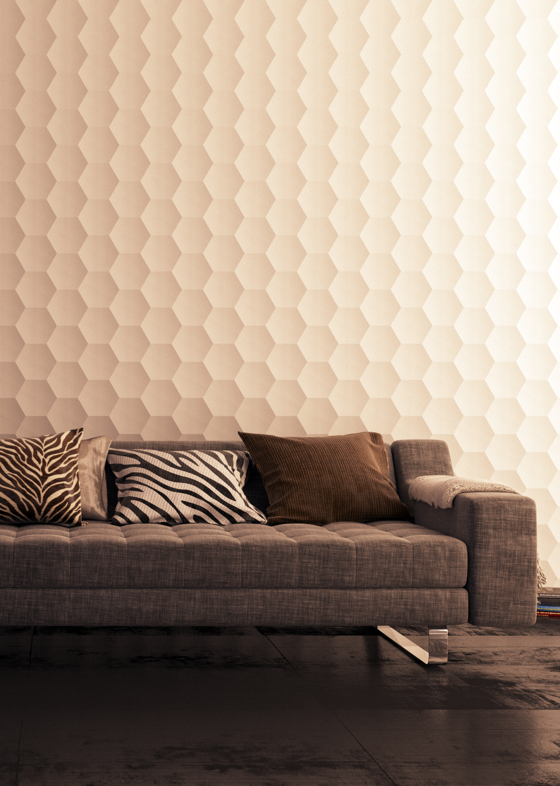 Interior render with sofa and patterned wall
