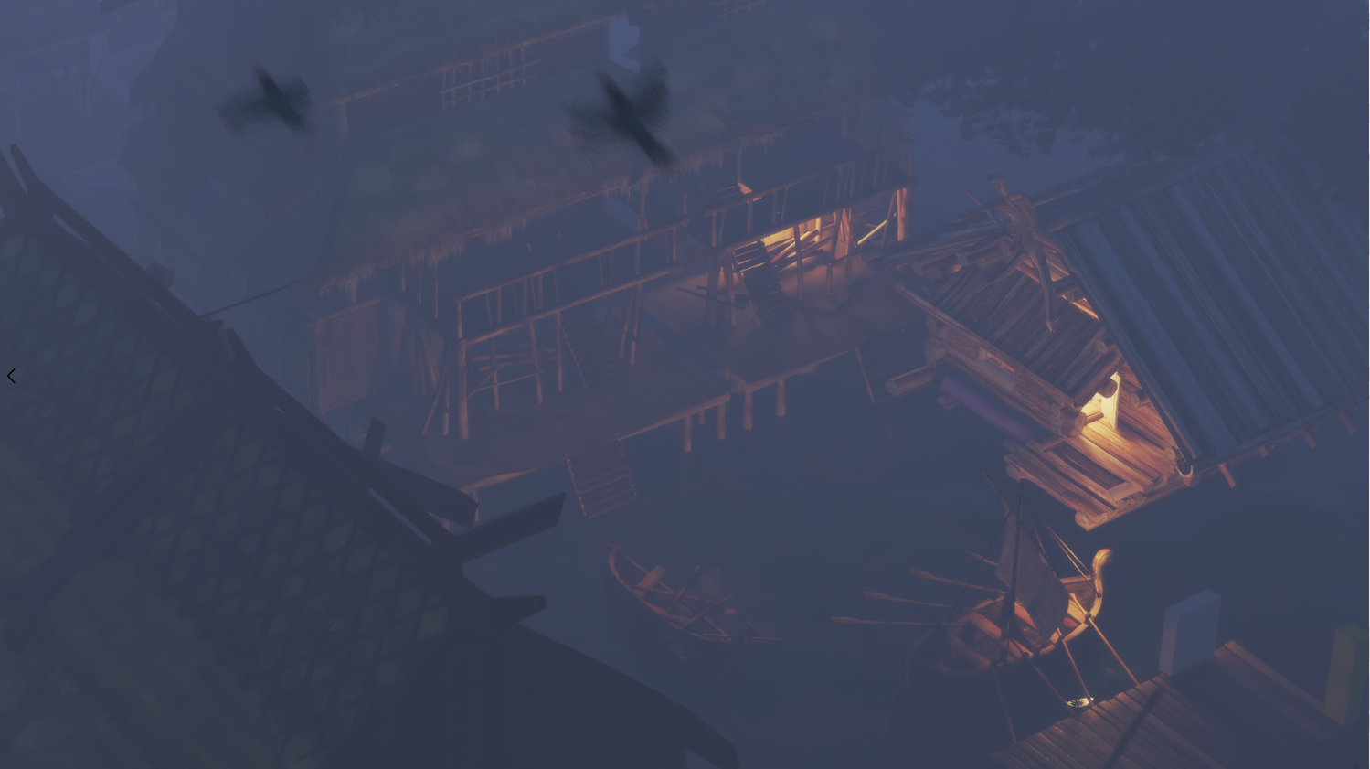 Foggy night game environment with wooden settlement and warm lights
