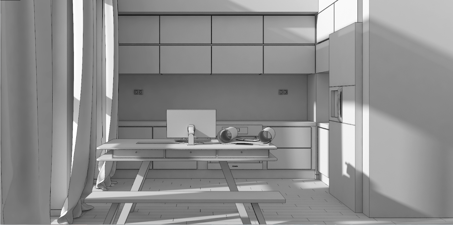 Clay kitchen interior render with table and cabinetry