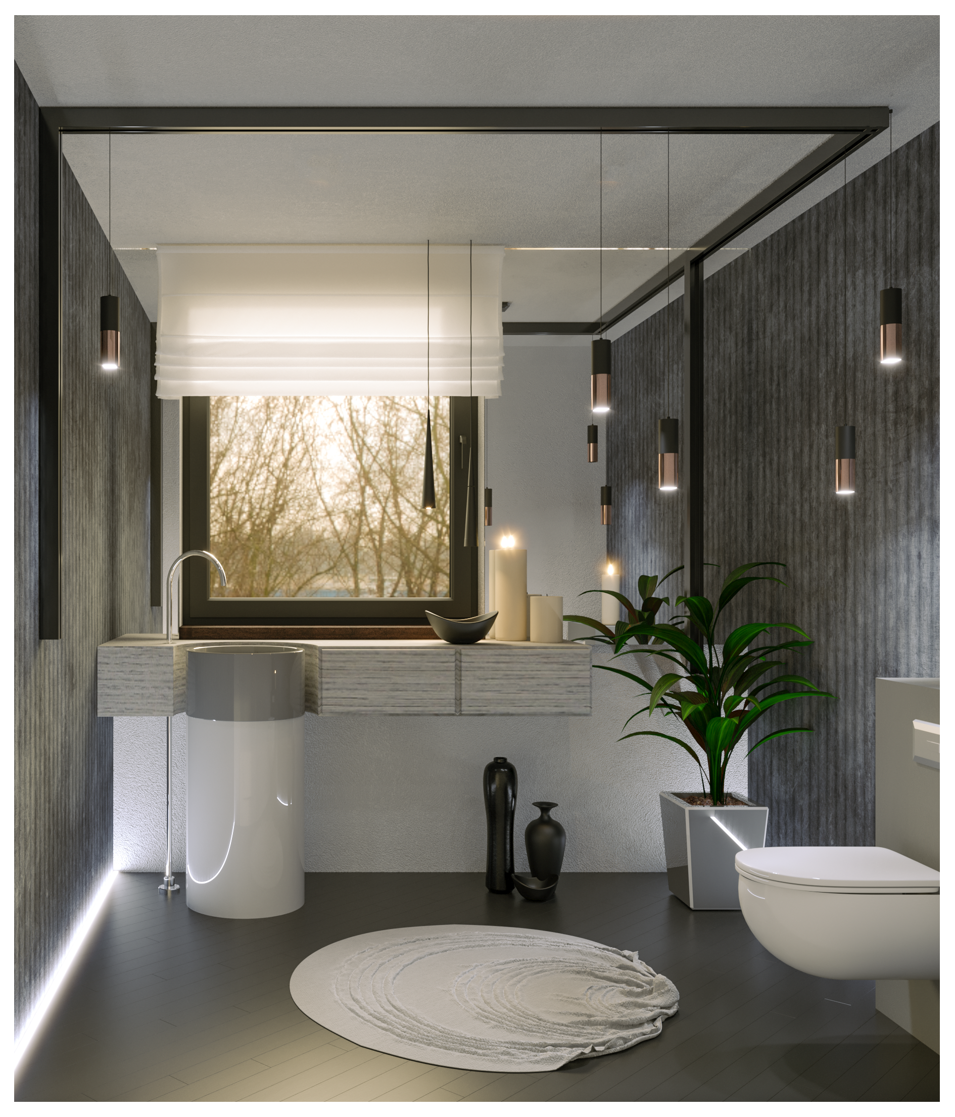 Modern bathroom visualization with pendant lights and plant