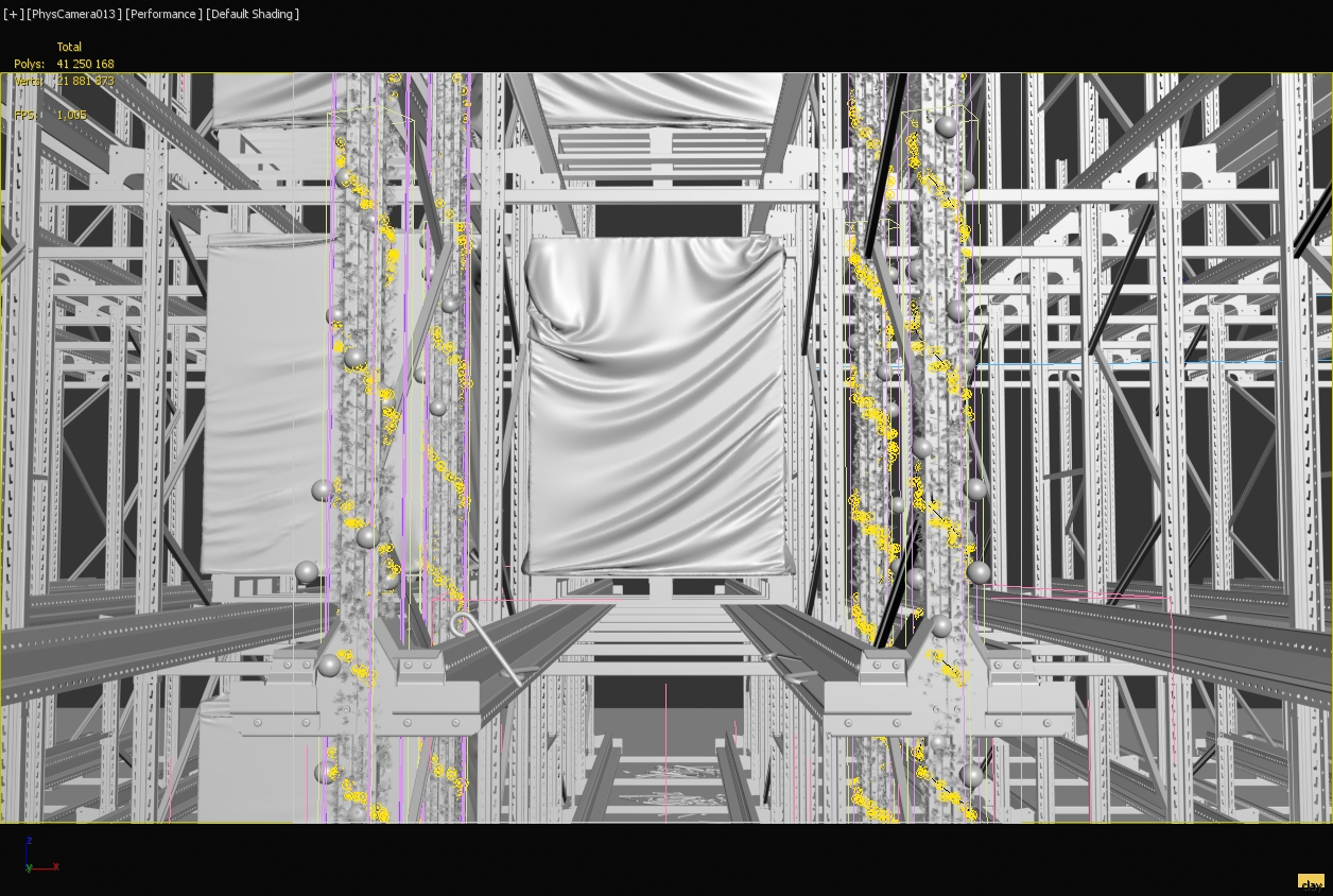 3D viewport showing warehouse scene setup